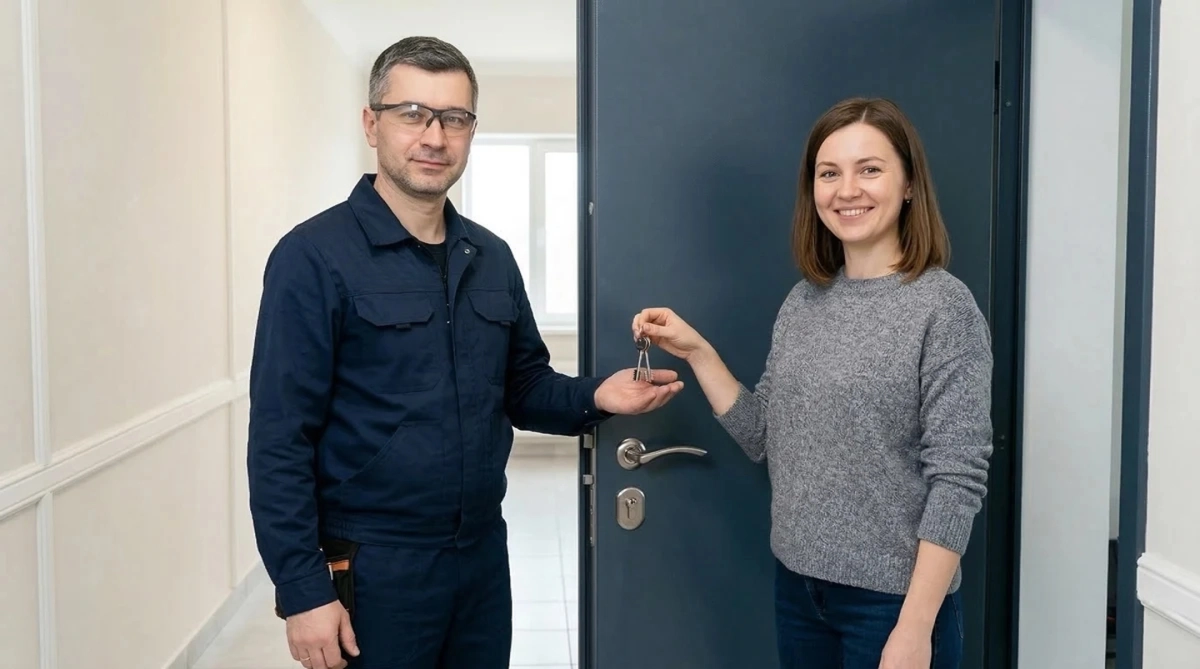 Мастер передаёт ключи довольной клиентке после установки замка