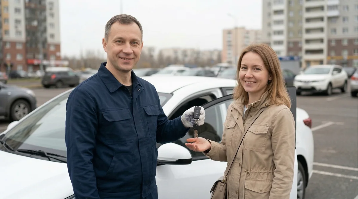 Мастер передаёт ключи довольной клиентке после вскрытия автомобиля